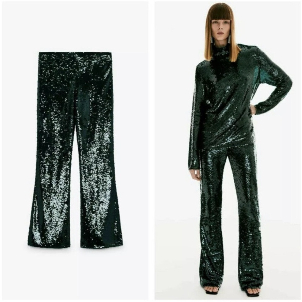 ZARA Green Sequin Flare Pants XL